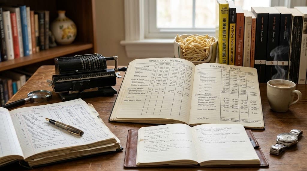 A vintage calculator next to open financial ledgers, a cup of coffee, and a stack of books on a wooden desk.